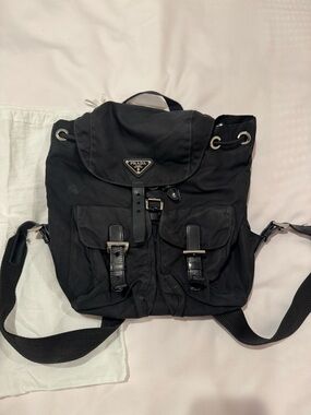 Prada Black Nylon Drawstring Flap Backpack for